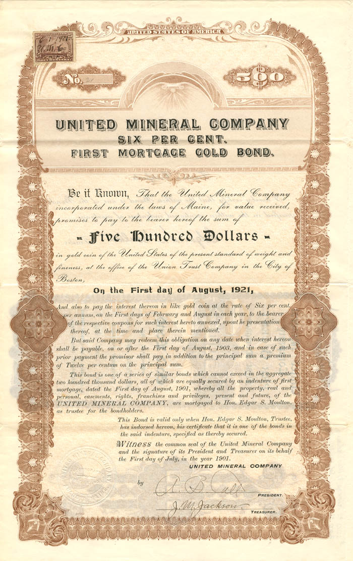 United Mineral Co. - $500 Bond (Uncanceled)